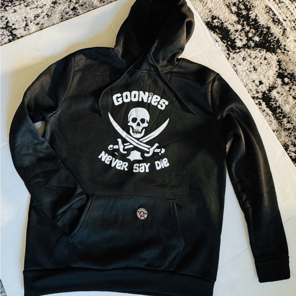 💚GOONIES 2 piece set:Black Hoodie with front kangaroo pocket and 1” Metal Pin